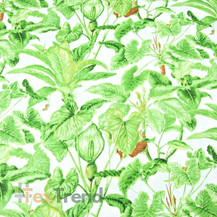 100% Baumwolle grüne Blätter im Dschungel auf weißem Hintergrund  