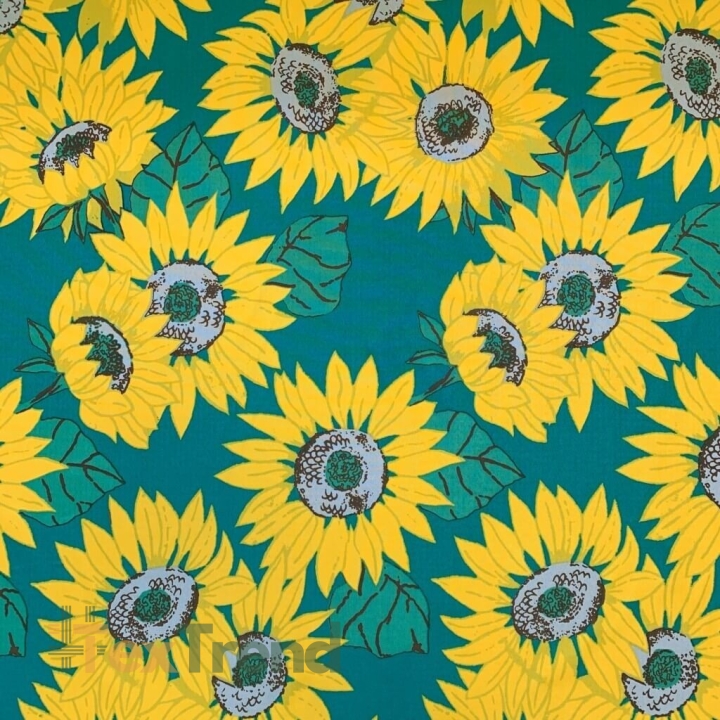 wasserabweisender Stoff mit Sonnenblumen auf grünem Hintergrund  