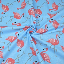 Baumwolle 100% rosa Flamingos auf blauem Hintergrund  