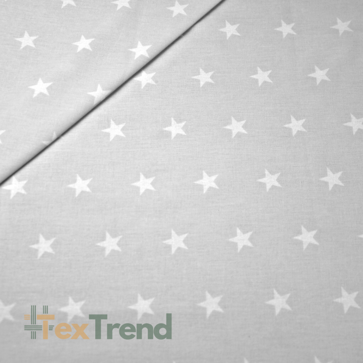 Baumwolle 100% Sterne 20mm weiß auf grauem Hintergrund  