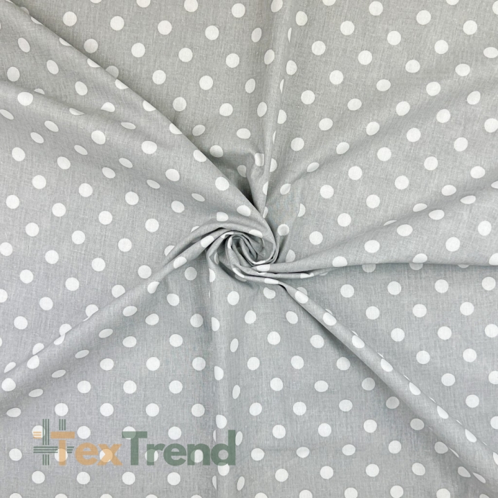 100% Baumwolle Punkte 11mm weiß auf grauem Hintergrund  