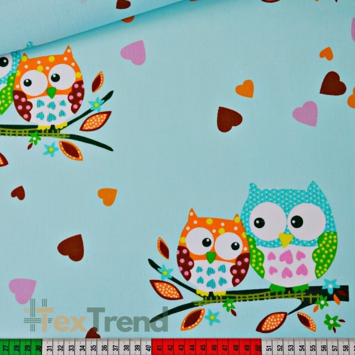 100% Baumwolle Eulen mit Herzen auf mintgrünem Hintergrund  