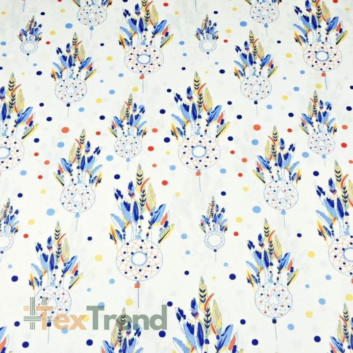 Baumwolle 100% indianisches Totem blau ecru Hintergrund