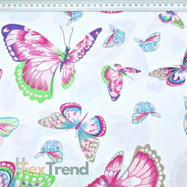 Baumwolle 100% Schmetterlinge rosa-blau auf weißem Hintergrund  