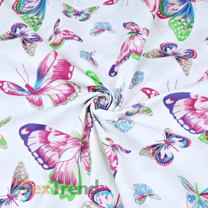 Baumwolle 100% Schmetterlinge rosa-blau auf weißem Hintergrund  