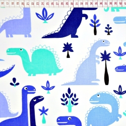 Baumwolle 100% Dinosaurier blau auf weißem Hintergrund  