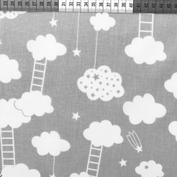 Baumwolle 100% Wolken mit Leitern weiß auf grauem Hintergrund  