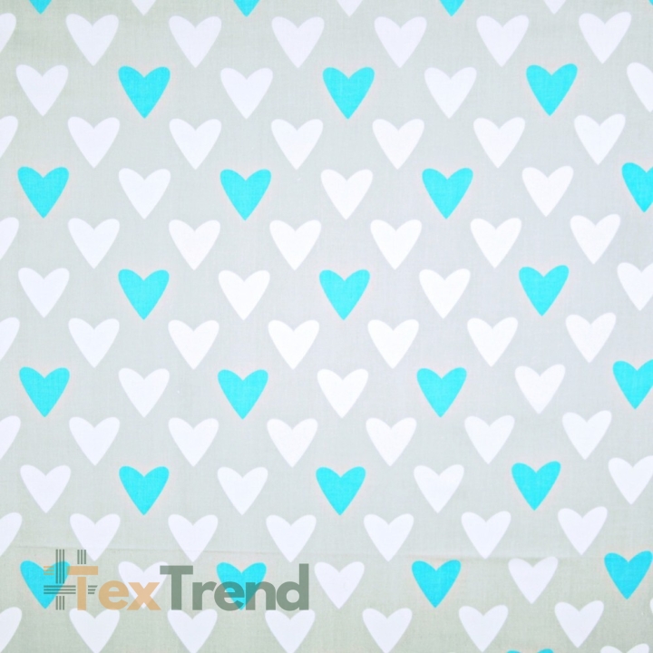 Baumwolle 100% Herzen weiß-blau auf grauem Hintergrund  