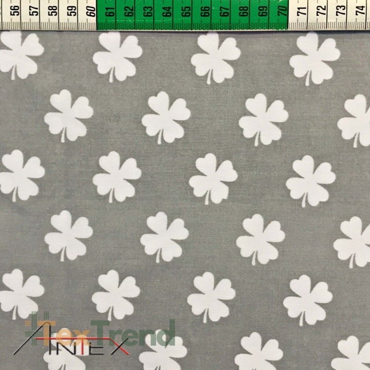 Baumwolle 100% Weiße Kleeblätter auf grauem Hintergrund  