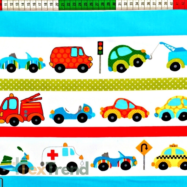 Baumwolle 100% Autos in Streifen auf weißem Hintergrund  