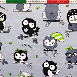 Baumwolle 100% Eulen verrückt mit grün auf grauem Hintergrund  