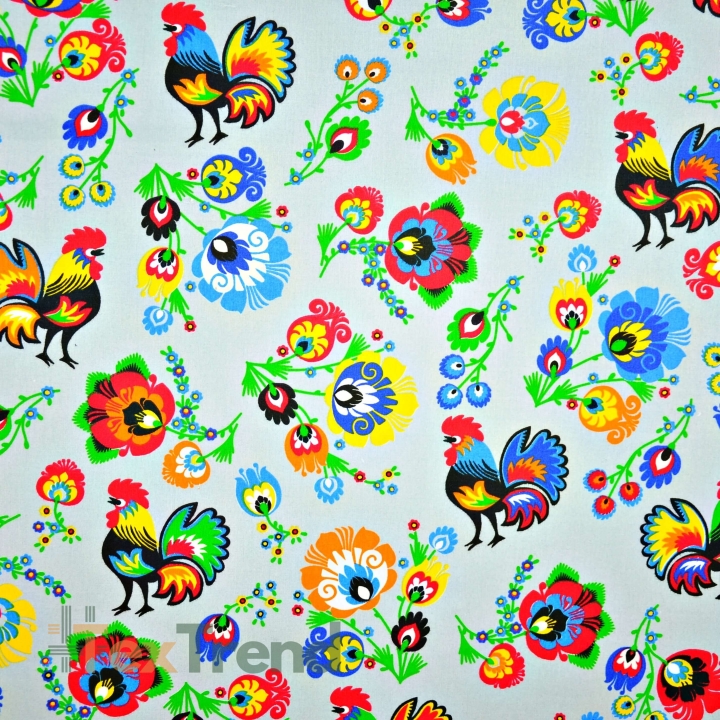 Baumwolle 100% Muster Hähne Łowickie grauer Hintergrund  