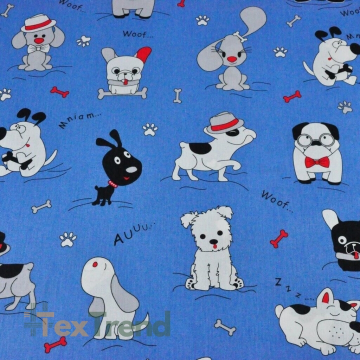 Baumwolle 100% Hunde verrückt auf blauem Hintergrund  
