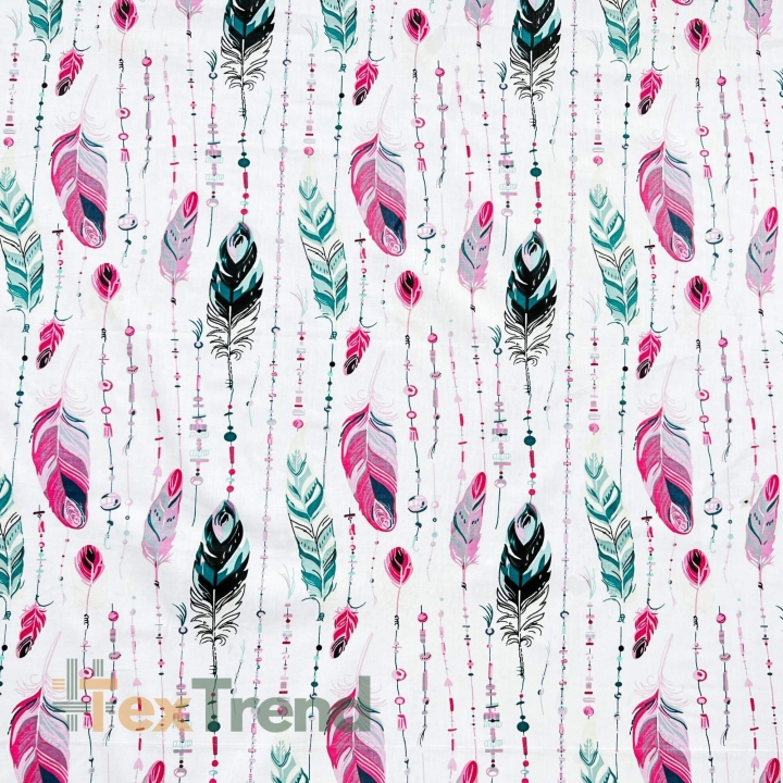 Baumwolle 100% Federn mit Perlen rosa-grün auf weißem Hintergrund  