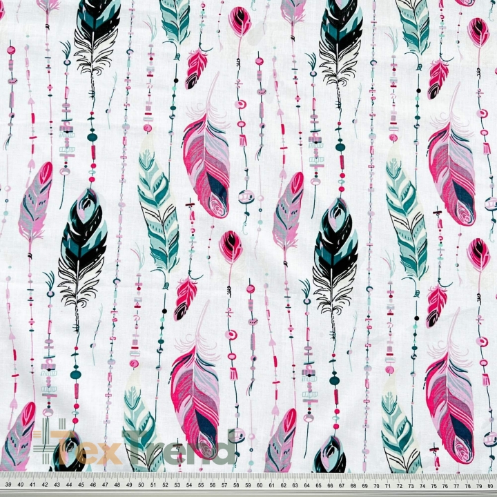 Baumwolle 100% Federn mit Perlen rosa-grün auf weißem Hintergrund  