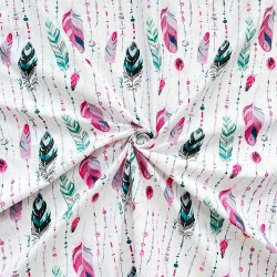 Baumwolle 100% Federn mit Perlen rosa-grün auf weißem Hintergrund  