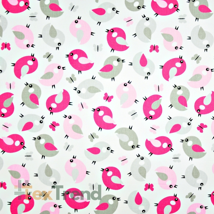 Baumwolle 100% Vögel grau-rosa auf weißem Hintergrund  