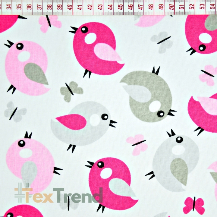 Baumwolle 100% Vögel grau-rosa auf weißem Hintergrund  