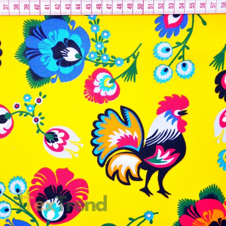 Baumwolle 100% Hähne Łowickie gelber Hintergrund  