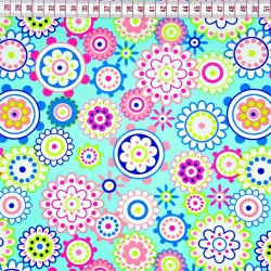 Baumwolle 100% Blumen bunt in Kreisen auf meerfarbenem Hintergrund  