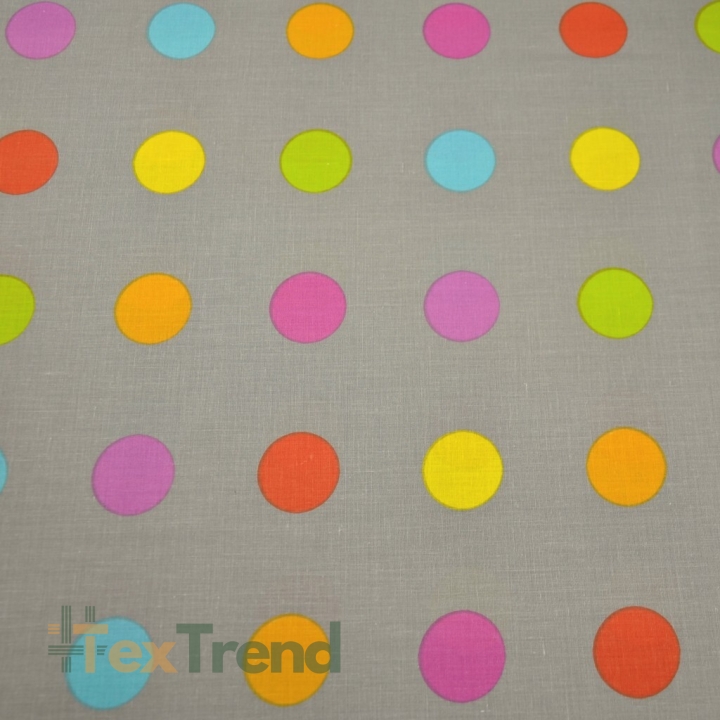 Baumwolle 100% große Punkte 37mm bunt auf grauem Hintergrund  