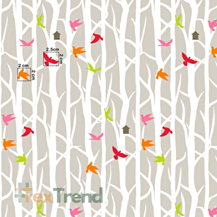 Baumwolle 100% Vögel auf Bäumen auf beige Hintergrund  