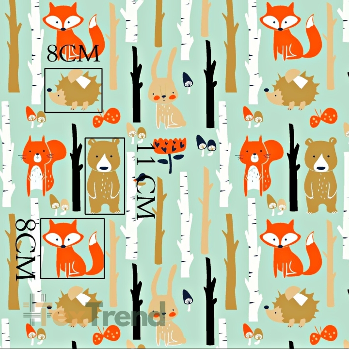 Baumwolle 100% Tiere im Wald auf mintfarbenem Hintergrund  