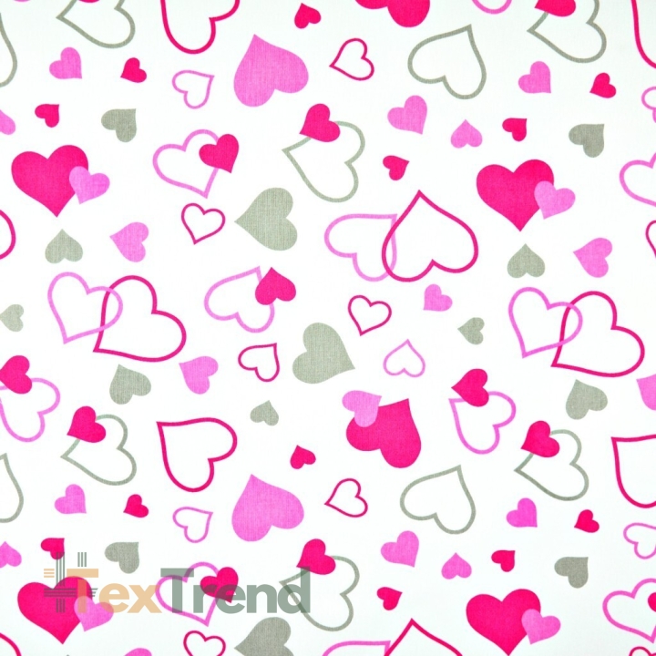 Baumwolle 100% Herzen LOVE rosa-grau auf weißem Hintergrund  