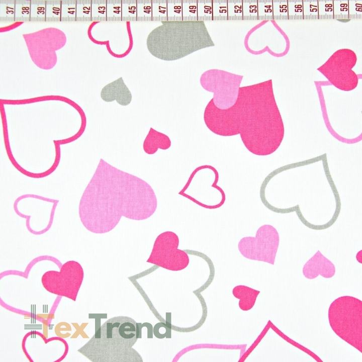 Baumwolle 100% Herzen LOVE rosa-grau auf weißem Hintergrund  