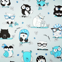 Baumwolle 100% verrückte Eulen blau auf grauem Hintergrund  