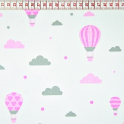 Baumwolle 100% Wolken mit Luftballons rosa-grau auf weißem Hintergrund  