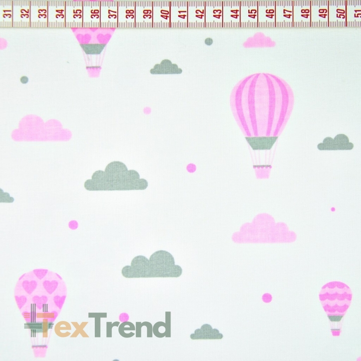 Baumwolle 100% Wolken mit Luftballons rosa-grau auf weißem Hintergrund  