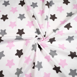 Baumwolle 100% Lebkuchensterne grau-rosa auf weißem Hintergrund  