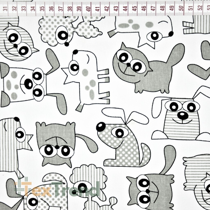 Baumwolle 100% Hunde und Katzen grau auf weißem Hintergrund  