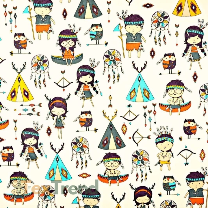 Baumwolle 100% bunte Indianer auf ecrufarbenem Hintergrund  
