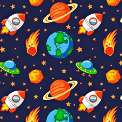 Baumwolle 100% orangefarbener Weltraum auf navy Hintergrund  