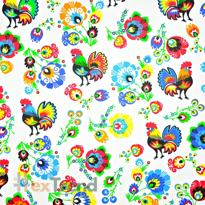 Baumwolle 100% Muster Hähne Łowickie weißer Hintergrund  
