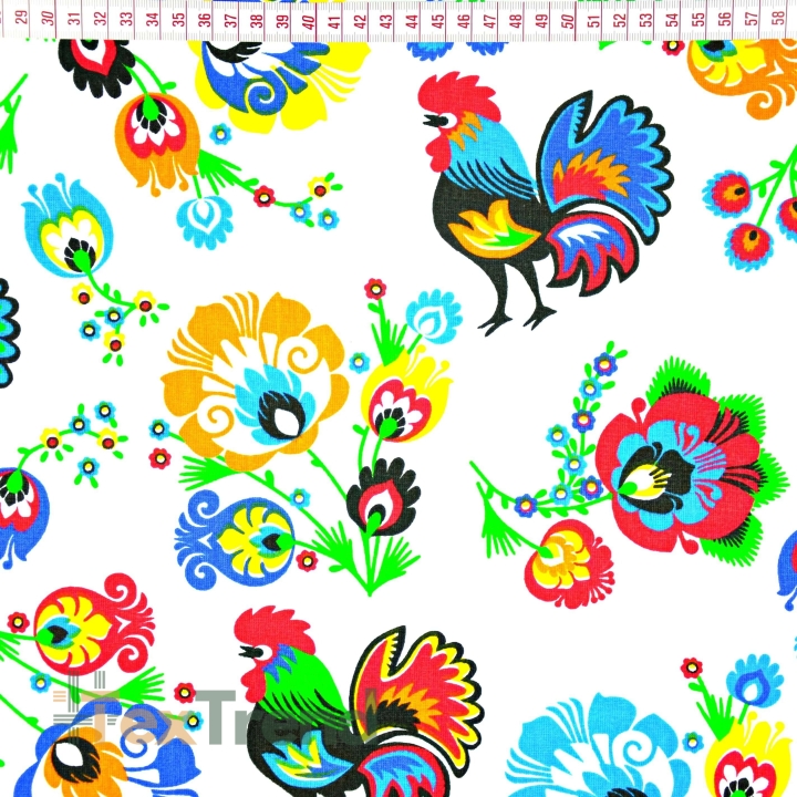 Baumwolle 100% Muster Hähne Łowickie weißer Hintergrund  