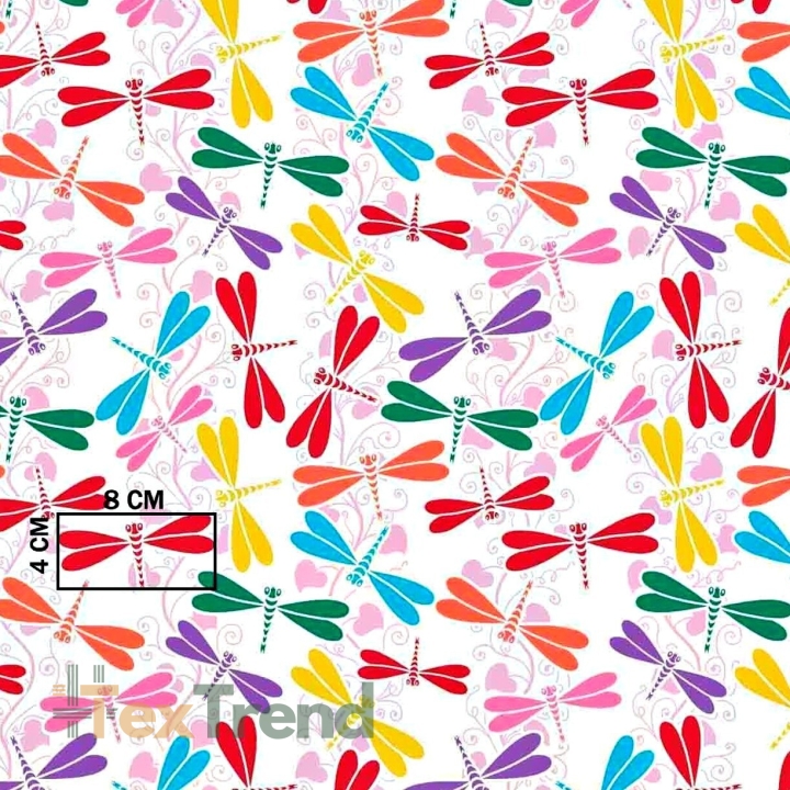 Baumwolle 100% bunte Libellen auf weißem Hintergrund  