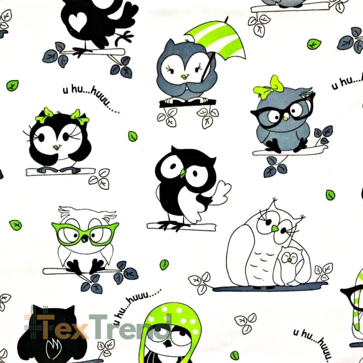 Baumwolle 100% verrückte Eulen mit Grün auf weißem Hintergrund  