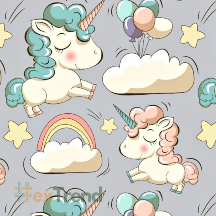 Baumwolle 100% Einhörner mit Luftballons auf grauem Hintergrund  