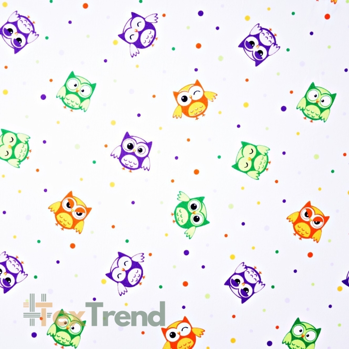 Baumwolle 100% Eulen mit Punkten auf weißem Hintergrund  