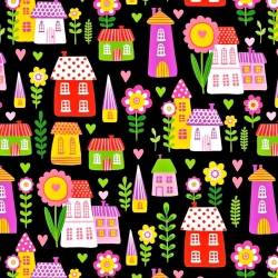 Baumwolle 100% bunte Häuschen auf schwarzem Hintergrund  