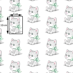 Baumwolle 100% Kätzchen grau mit grünen Schleifen auf weißem Hintergrund  