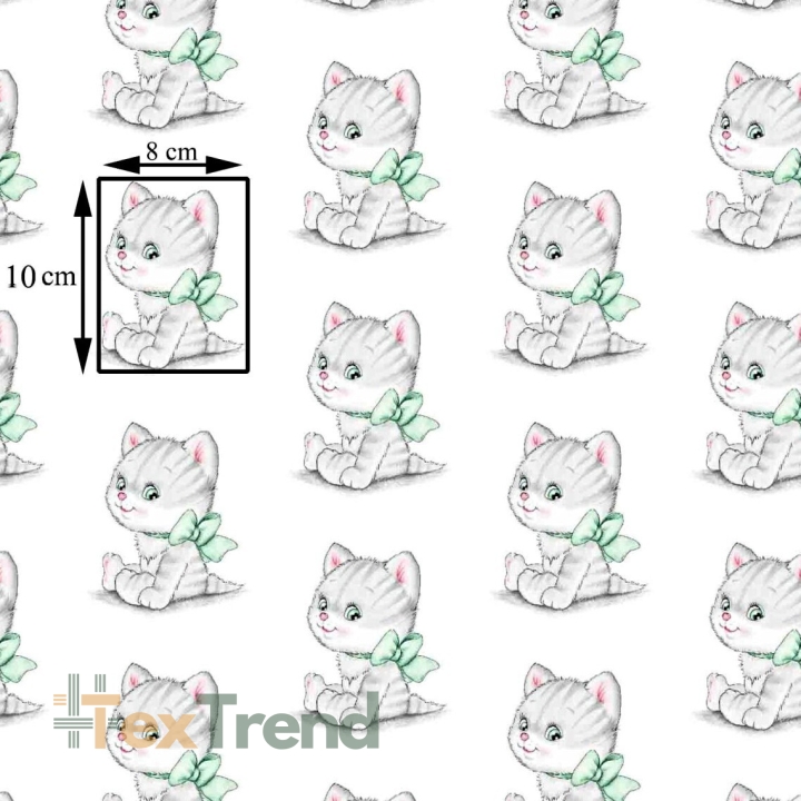 Baumwolle 100% Kätzchen grau mit grünen Schleifen auf weißem Hintergrund  