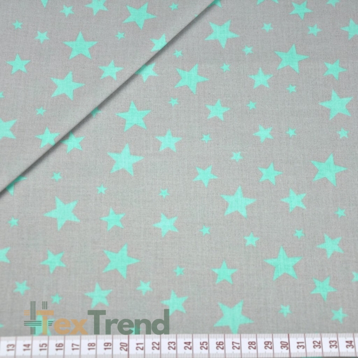 Baumwolle 100% neue kleine und große Sterne mintfarben auf grau  