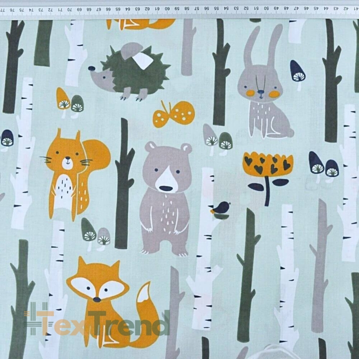 Baumwolle 100% Tiere im Wald auf grau-mintfarbenem Hintergrund  