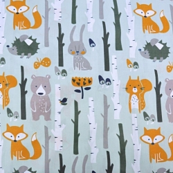 Baumwolle 100% Tiere im Wald auf grau-mintfarbenem Hintergrund  