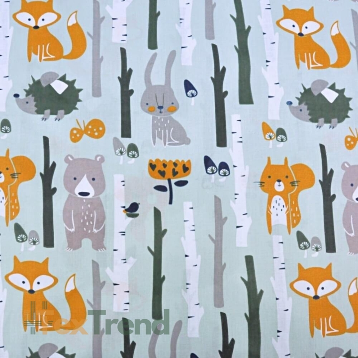 Baumwolle 100% Tiere im Wald auf grau-mintfarbenem Hintergrund  