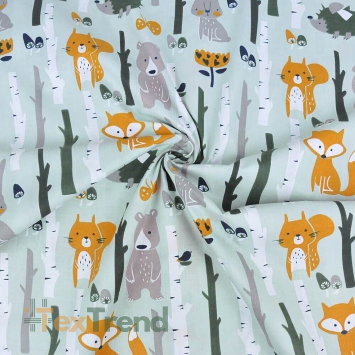 Baumwolle 100% Tiere im Wald auf grau-mintfarbenem Hintergrund  